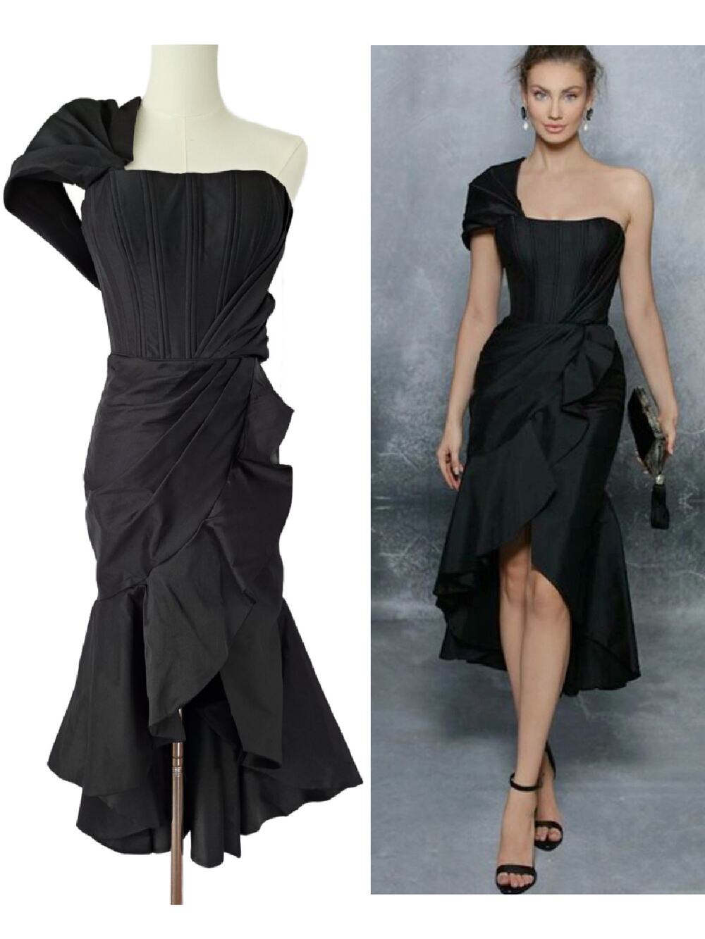 NEW TARIK EDIZ Black Merla Formal Dress Size 4 One Shoulder Ruffle Hem Corset